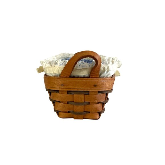 Longaberger Cracker Basket Blue & Cream Liners Plastic Protector Leather Handles - Picture 9 of 12